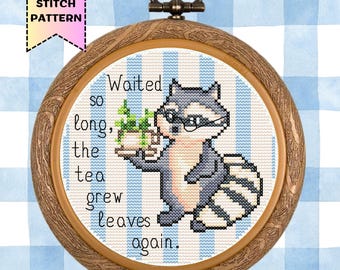 Funny Raccoon Cross Stitch Pattern | Quirky Meme Embroidery | Tea Lovers Joke | PDF Digital Download