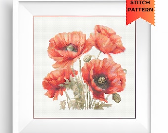 Patrón de punto de cruz de amapola roja / Decoración floral de verano / Bordado pequeño / Descarga digital en PDF