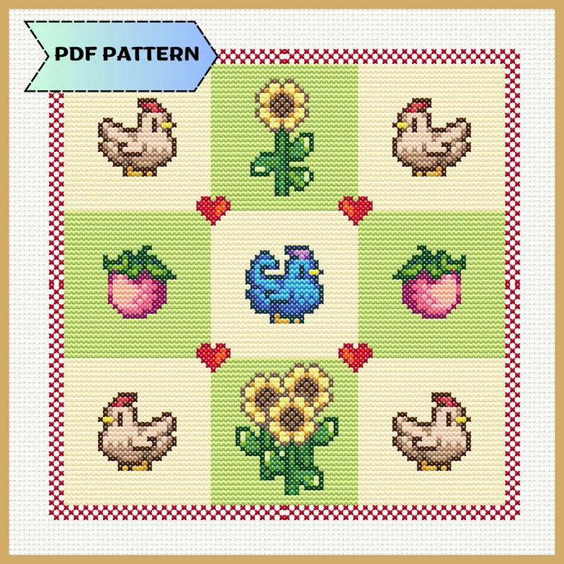 Op de afbeelding: Een kruissteekpatroon met een rasterontwerp met boerderijthema's. Het ontwerp bevat kippen, zonnebloemen, aardbeien en een blauwe vogel, allemaal tegen een groene en cr&egrave;mekleurige achtergrond. De woorden "PDF PATTERN" staan in een banner.