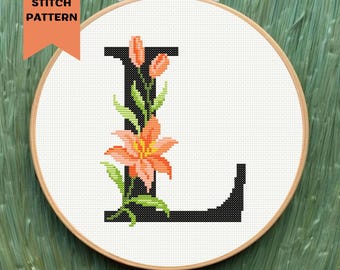 T*S様 ABCD FLEURS FLORAL PAINTING LOGO L/ Floral Letter L Cross Stitch Pattern Modern Flower Monogram