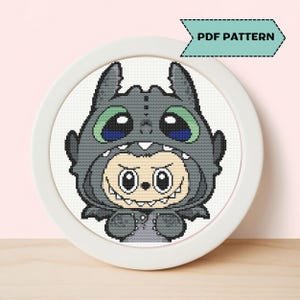Patrón de punto de cruz de monstruo kawaii, lindo personaje de dibujos animados, monstruo de fantasía de moda, bordado de anime, PDF, descarga instantánea