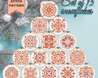Snowflake Cross Stitch Pattern Set of 15 Christmas Ornaments for Card PDF Digital Download