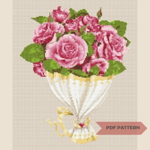 Pink Roses Bouquet Cross Stitch Pattern Spring Flower Valentines Day Summer Bouquet Embroidery Floral Pattern Spring Decor Instant Download