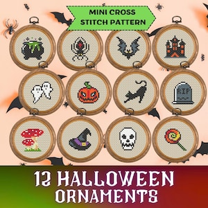 May include: A collection of 12 Halloween-themed cross-stitch ornaments in wooden hoops. Each ornament features a different design, including a cauldron, spider, bat, haunted house, ghost, pumpkin, black cat, tombstone, mushroom, witch hat, skull, and lollipop. The text "MINI CROSS STITCH PATTERN" and "12 HALLOWEEN ORNAMENTS" are also visible.