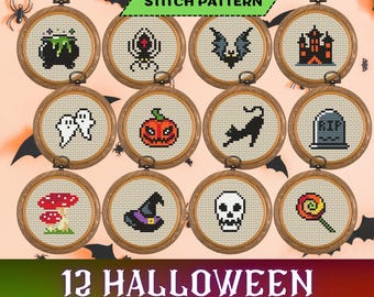 Halloween Mini Cross Stitch Pattern Set of 12 Ornaments Spooky Season Embroidery PDF Digital