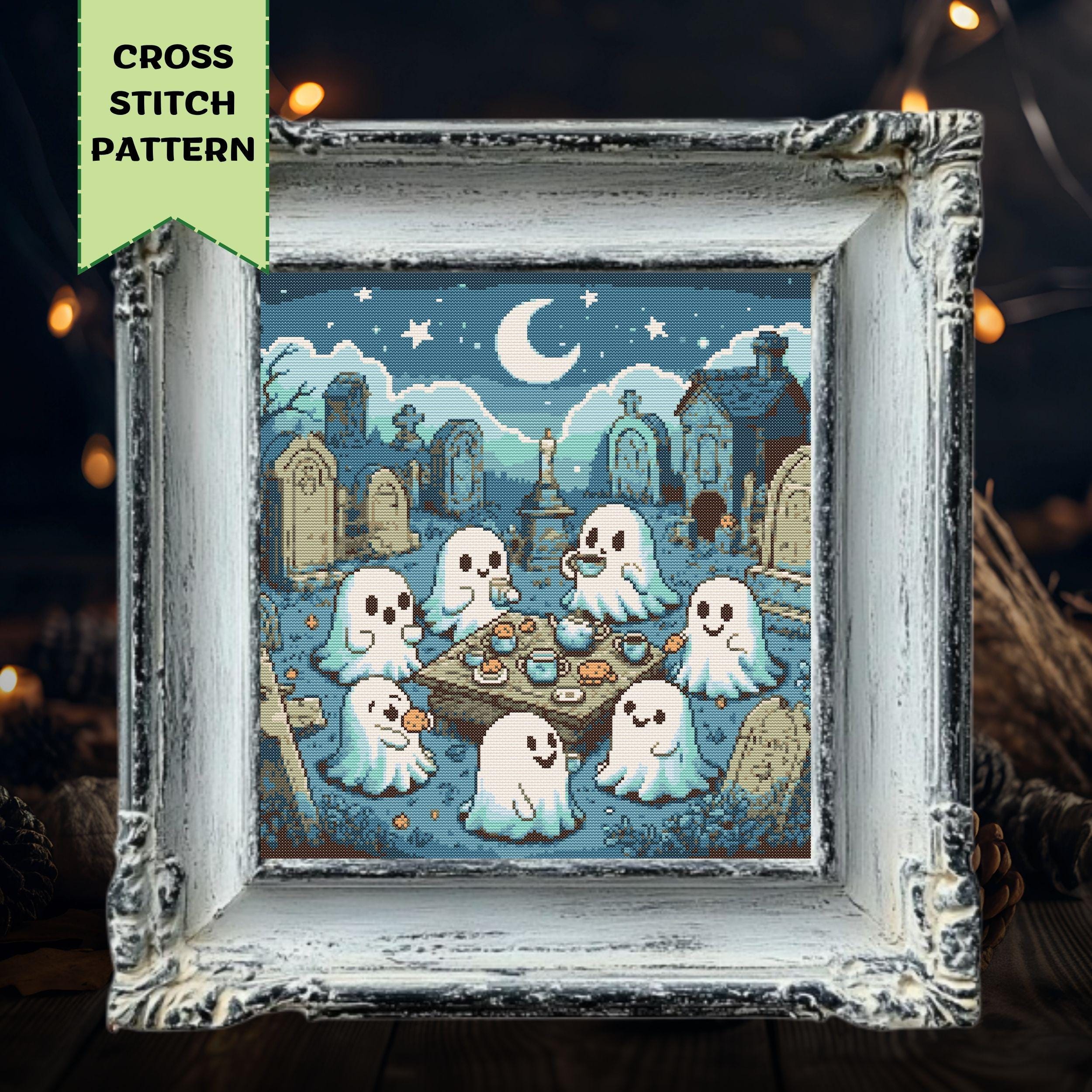 Halloween Ghosts Cross Stitch Pattern Gothic Tea Party Cemetery PDF ...