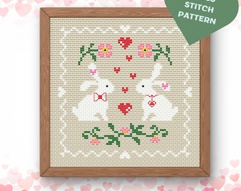 Patrón de punto de cruz de conejitos enamorados para San Valentín, adorno para parejas, descarga digital en PDF