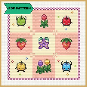 Puede incluir: Un patr&oacute;n de punto de cruz con una cuadr&iacute;cula de frutas y flores de dibujos animados coloridos. El dise&ntilde;o incluye una manzana verde, una fresa roja, un lim&oacute;n amarillo y un ar&aacute;ndano azul. El texto "PDF PATTERN" est&aacute; en una pancarta verde.