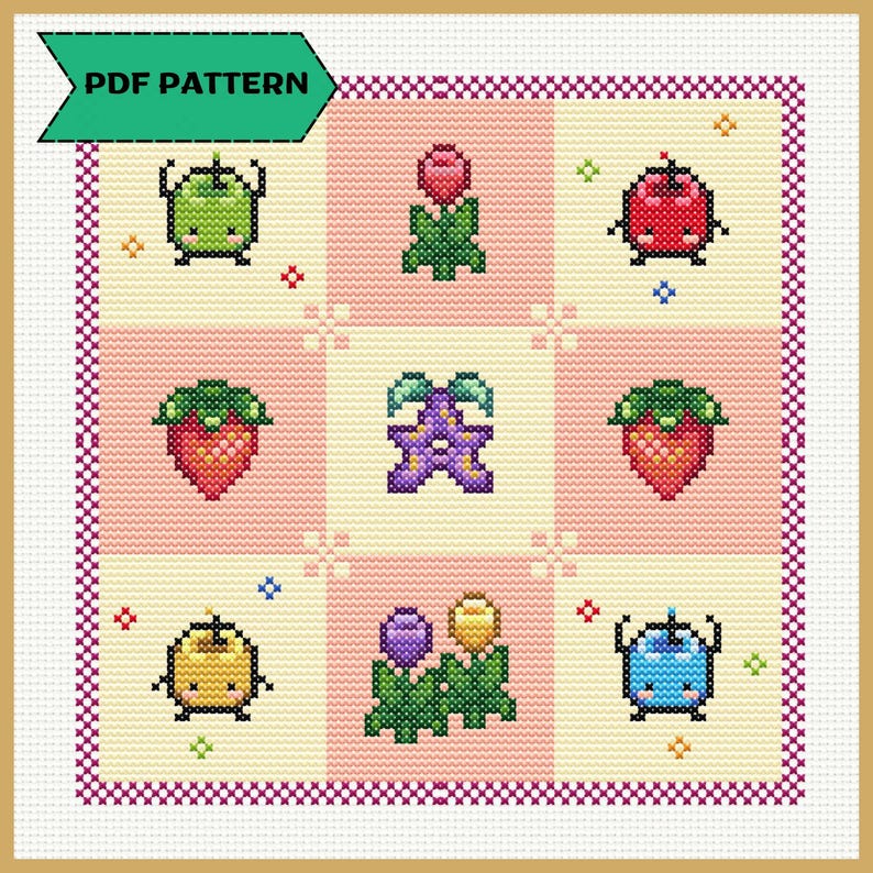 Puede incluir: Un patr&oacute;n de punto de cruz con una cuadr&iacute;cula de frutas y flores de dibujos animados coloridos. El dise&ntilde;o incluye una manzana verde, una fresa roja, un lim&oacute;n amarillo y un ar&aacute;ndano azul. El texto "PDF PATTERN" est&aacute; en una pancarta verde.