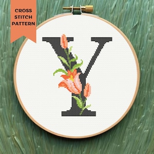 Floral Letter Y Cross Stitch Pattern Modern Flower Monogram Embroidery Initial  PDF Digital Download