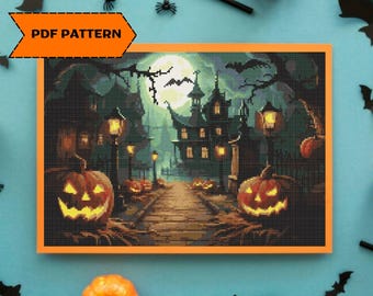 Spökhus Korsstygnsmönster Halloween Broderi Spöklik Säsong Fladdermus Pumpa PDF Digital Nedladdning