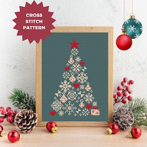 May include: Cross stitch pattern of a Christmas tree with red hearts, snowflakes, and ornaments on a teal background. The pattern is framed in a light wood frame.