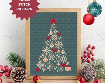 Christmas Tree Cross Stitch Pattern Winter Decor Bow Bauble Heart Snowflake Ornaments PDF Digital