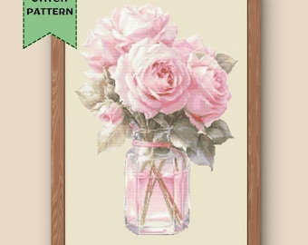 May include: A cross stitch pattern featuring a bouquet of pink roses in a clear glass vase. The roses are arranged in a cluster with their stems extending out of the vase. The vase is filled with water and the roses are reflected in the water.