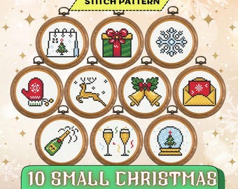 May include: Ten small Christmas cross-stitch ornaments in wooden hoops. Designs include a Christmas tree, snowflake, gift, mitten, reindeer, bells, envelope, champagne bottle, champagne glasses, and a snow globe. Text reads "Mini Cross Stitch Pattern" and "10 Small Christmas Ornaments."