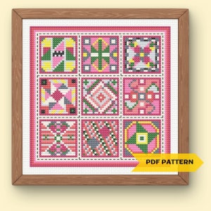 Patrón de punto de cruz de colcha geométrica rosa Patrón de bordado de bloques de colcha Patrón de gráfico moderno Amantes de las manualidades Amantes de la colcha Descarga instantánea