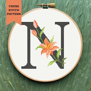 Floral Letter N Cross Stitch Pattern Modern Flower Monogram Embroidery Initial  PDF Digital Download