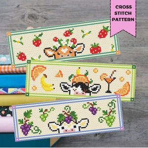 Marcapáginas de vaca (patrón de punto de cruz, frutas, bayas, decoración de granja, para amantes de los libros, PDF digital)
