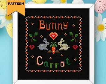 Bunny Loves Carrot Cross Stitch Pattern | Festive Easter Rabbit | Spring Decor | PDF Digital Download