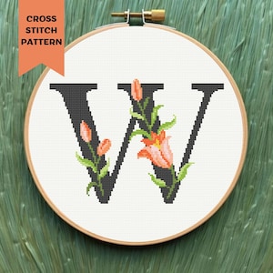 Floral Letter W Cross Stitch Pattern Modern Flower Monogram Embroidery Initial  PDF Digital Download