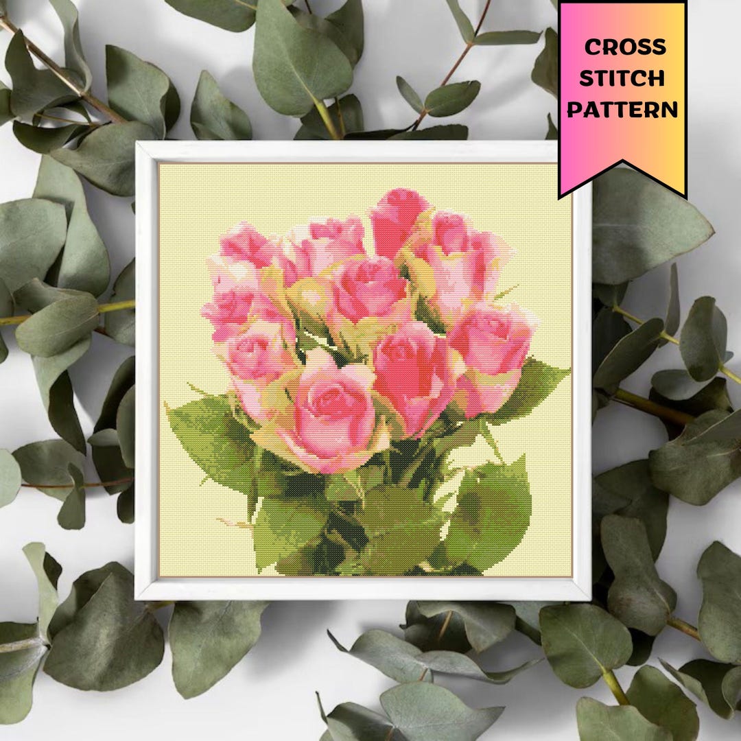 Pink Roses Bouquet Cross Stitch Pattern | Wedding Floral Embroidery ...