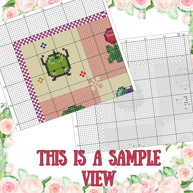 Puede incluir: Se muestran dos patrones de punto de cruz, uno en color y otro en blanco y negro. El patr&oacute;n de color presenta un reloj pixelado verde, una rosa roja y otros peque&ntilde;os dise&ntilde;os florales. El texto "THIS IS A SAMPLE VIEW" est&aacute; en la parte inferior.