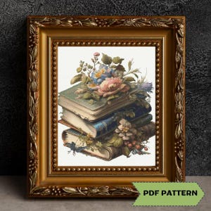 Books and Flowers Cross Stitch Pattern Vintage Book Stack Cross Stitch Gift For Book Lovers Book Embroidery Pattern PDF Instant Download