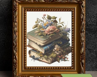 Books and Flowers Cross Stitch Pattern Vintage Book Stack Lovers PDF Digital Download