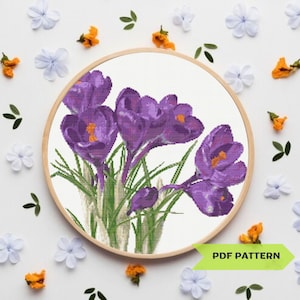 Purple Crocuses Cross Stitch Pattern Spring Flower Bouquet Embroidery Floral Pattern Modern Chart Mother&#39;s Day Home Decor Instant Download