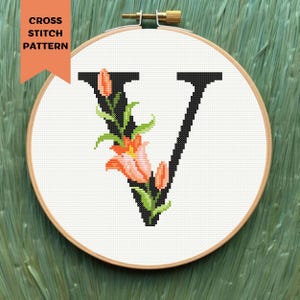 Floral Letter V Cross Stitch Pattern Modern Flower Monogram Embroidery Initial  PDF Digital Download