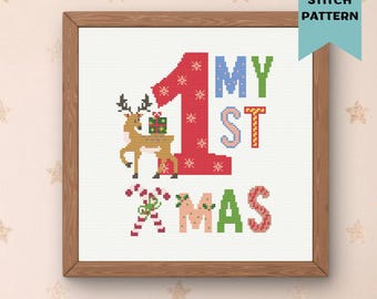 Patrón de punto de cruz para la primera Navidad del bebé / Mi primera Navidad / Ciervo festivo / Descarga digital en PDF