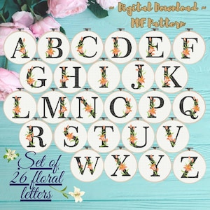 Conjunto de 26 letras florais, padrão de ponto cruz, alfabeto completo, gráfico de letras ABC, ponto cruz moderno, bordado, download instantâneo