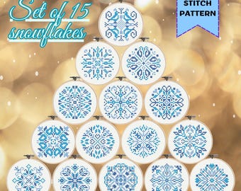 20種類の小さな雪の結晶のクロスステッチパターンセット：クリスマス