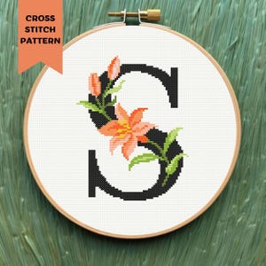 Floral Letter S Cross Stitch Pattern Modern Flower Monogram Embroidery Initial  PDF Digital Download
