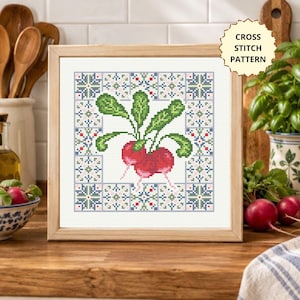 Puede incluir: Un patrón de punto de cruz enmarcado de forma cuadrada que muestra dos rábanos rojos con hojas verdes, centrado en un borde decorativo de motivos florales geométricos azules, verdes y rojos. El texto CROSS STITCH PATTERN aparece en negro.