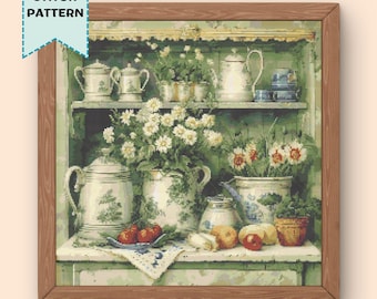 Vintage Kitchen Shelf Cross Stitch Pattern Flowers Fruits Cottagecore Embroidery PDF Digital Download