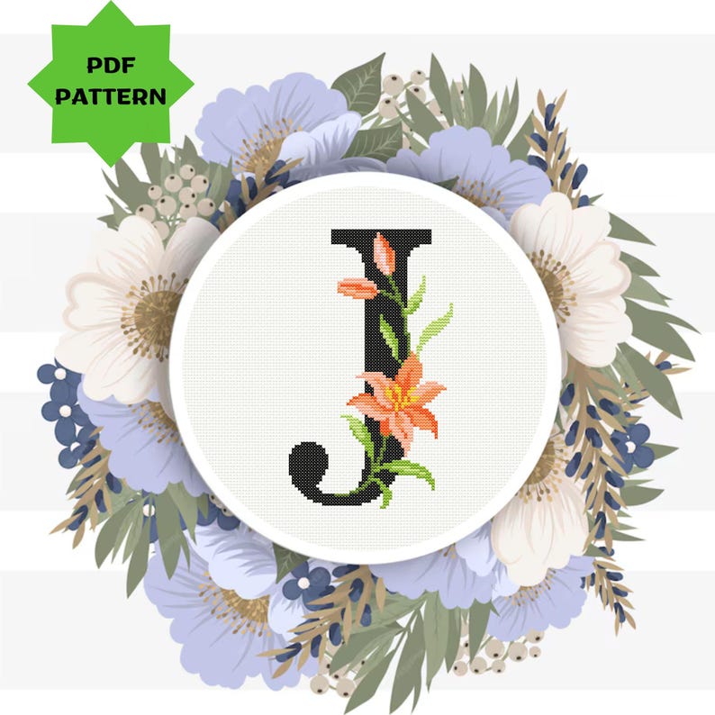 Floral Letter J Cross Stitch Pattern Modern Flower Monogram Embroidery ...