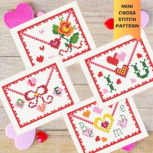 Juego de 4 cartas de amor con patrón de punto de cruz, tarjetas, adorno para el día de San Valentín, corazón, Love Be Mine, I Love You, romántico, día de la madre, descarga instantánea