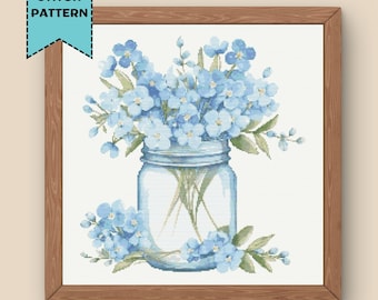 Forget Me Not Cross Stitch Pattern Flowers in Mason Jar Floral Embroidery PDF Download