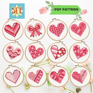 Patrón de punto de cruz de corazón rojo rosado, conjunto de 12 corazones, día de San Valentín, corazones pequeños románticos, tarjeta de cumpleaños para el día de la madre, descarga instantánea en formato PDF