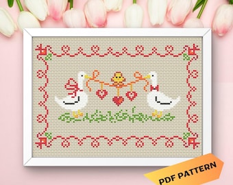 Patrón de punto de cruz de pájaros enamorados, gansos románticos, adorno para parejas del Día de San Valentín, descarga digital en PDF