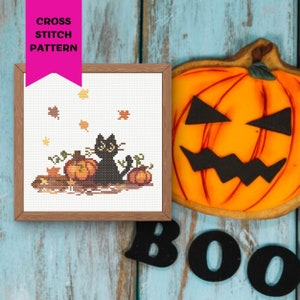 Halloween Black Cat Cross Stitch Pattern Fall Embroidery Pumpkins Cross Stitch Pattern Happy Halloween Autumn Wall Art Instant Download