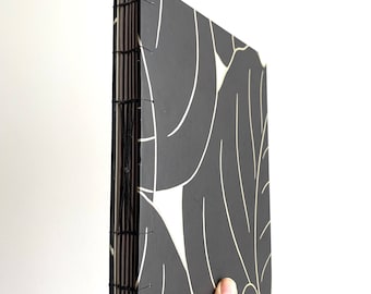 Large Leaves Botanical Print Handbound Journal, Black White and Silver Large Hard Cover Journal, Flora Hardcover Blank Book