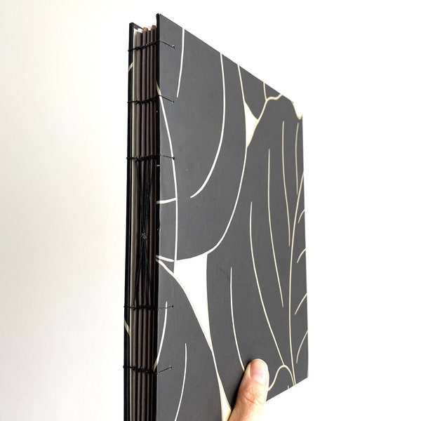 Large Leaves Botanical Print Handbound Journal, Black White and Silver Large Hard Cover Journal, Flora Hardcover Blank Book