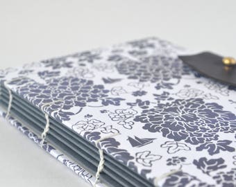 White & Navy Nautical Floral Journal, Hand Bound Coptic Journal, Handmade Journal with Reclaimed Leather and Brass Button