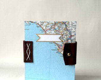 Italy Adventure Journal, Italy and Europe Maps Handbound Travel Diary, Blue White Handmade Book with Reclaimed Leather and Brass Button