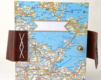 Maps Adventure Journal, Blue & White, Europe Denmark Germany Maps Handbound Travel Diary, Handmade Book, Reclaimed Leather and Brass Button