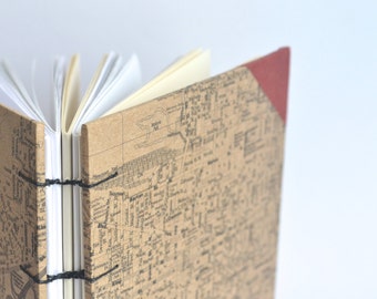 Brown & Red Handbound Hamilton Journal, Kraft Brown Coptic Notebook with Red Corner Edging, Hard Cover Hamilton Neighbourhoods Journal
