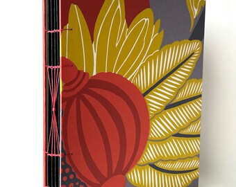 Colorful Botanical Print Handbound Journal, Large Hard Cover Journal, Red, Yellow and Purple Flora Hardcover Blank Book