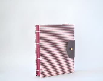 Red & White Stripes Hardcover Journal, Hand Bound Coptic Journal, Handmade Journal with Reclaimed Leather and Brass Button